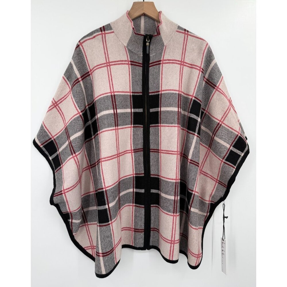 Nicole Miller New York Tartan Plaid Zip-Front Poncho Women 1X Black Red Tan NWT